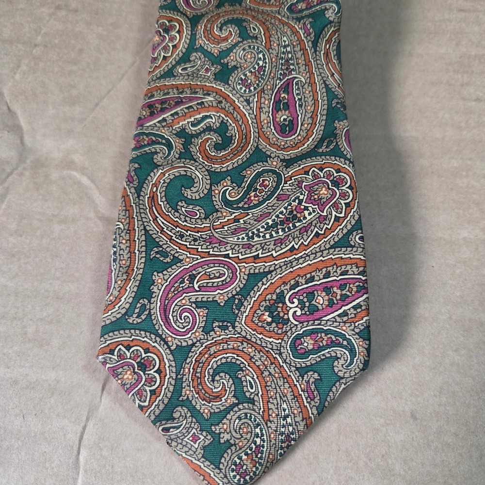 Chaps Ralph Lauren Mens Silk Tie Green‎ Burgundy Orange Paisley Made in USA